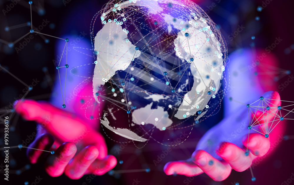 Poster world Global network. Blockchain. 3D illustration. Neural networks and artificial intelligence. Abstract