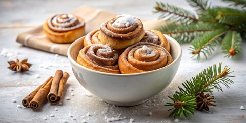 Delicate swirls of risgrynsgröt adorned with a light dusting of cinnamon, set against a crisp white canvas.