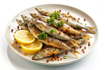 Fried sardines piled high on a white plate, topped with a squeeze of lemon and a sprinkle of pepper, against a pure white background
