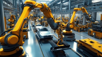 Fototapeta premium Aerial Car Factory 3D Render: Automated Robot Arm Assembly Line Manufacturing Advanced High-Tech Green Energy Electric Vehicles. Construction, Building