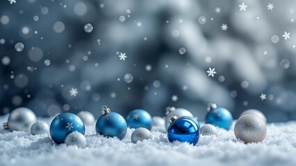 Winter Wonderland Ornaments, A picturesque scene of sparkling blue and silver Christmas ornaments scattered across pristine snow. Falling snowflakes create a magical atmosphere.