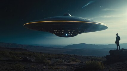 Galactic tourist making waves with an alien and its futuristic flying saucer touchdown