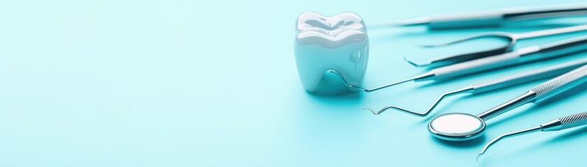 Dental model and dental equipment on blue background, concept image of dental background. dental hygiene background