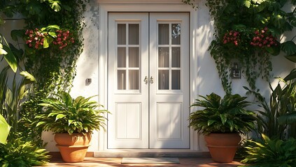 Double White Doors Amidst a Lush Garden  with Pastel Pink Blossoms