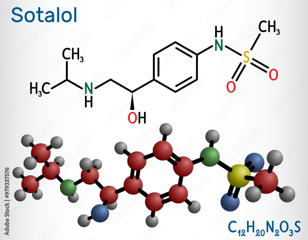 Poster Sotalol drug molecule. Used to treat and prevent abnormal heart rhythms. Structural chemical formula, molecule model. Vector