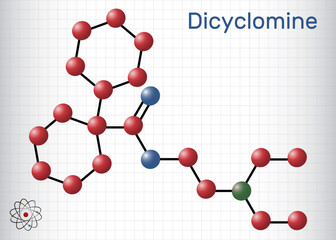 Dicyclomine, dicycloverine molecule. Antimuscarinic drug used to treat IBS. Molecule model. Sheet of paper in a cage. Vector