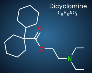 Dicyclomine, dicycloverine molecule. Antimuscarinic drug used to treat IBS. Structural chemical formula, dark blue background. Vector