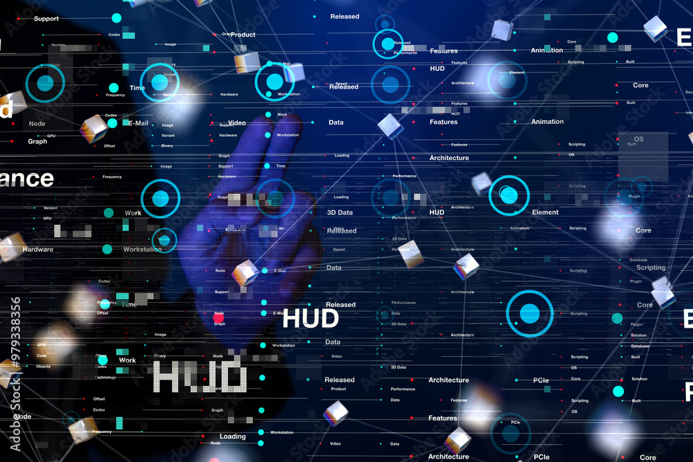 Poster Neural network 3D illustration. Big data and cybersecurity