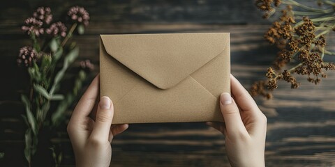 Individual Grasping a Brown Envelope with a Neutral Background, Symbolizing Communication, Confidentiality, or Document Delivery