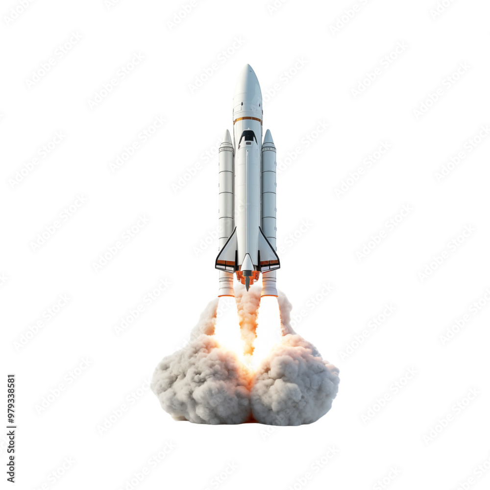 Fototapete rockets take off on a white backdrop, spewing white smoke and orange flames. fit for concepts with a