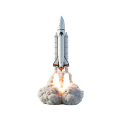 Rockets take off on a white backdrop, spewing white smoke and orange flames. Fit for concepts with...