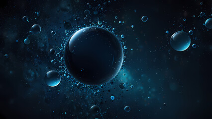 Abstract digital background featuring clusters of bubbles in different sizes, suspended in a dark blue cosmic void