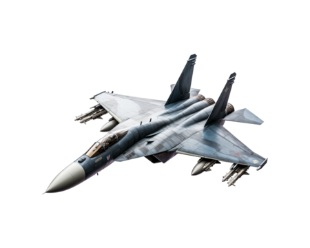 Grey fighter jets with missiles, flying in the sky. Suitable for military, aviation, defense, and technology concepts in design projects. Generative AI