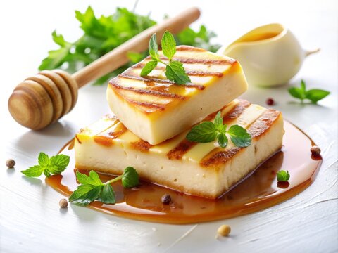 A delicate balance of flavors, a slice of haloumi cheese is paired with a drizzle of warm honey and placed on a spotless white background