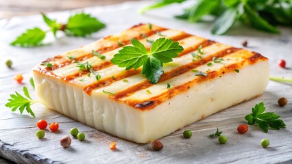 Grilled to perfection and served solo, a beautiful slice of haloumi cheese takes center stage on a crisp white background, showcasing its crispy edges and creamy center