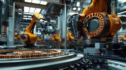 Fototapeta premium In a modern production facility, robotic arms are assembling electric vehicle (EV) motors with precision