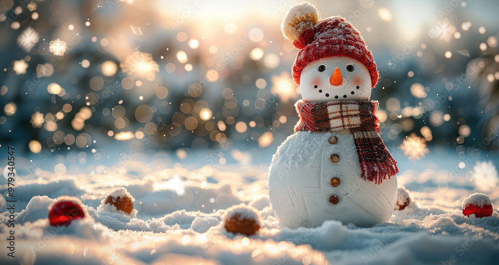 Poster a cheerful snowman standing in a snowy landscape, with large snowflakes gently falling from the sky.