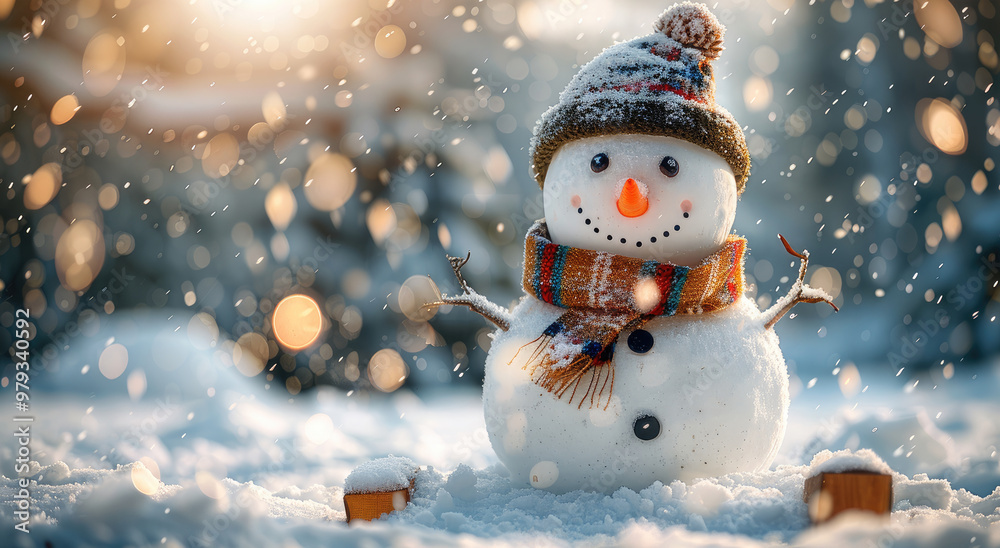 Poster a cheerful snowman standing in a snowy landscape, with large snowflakes gently falling from the sky.