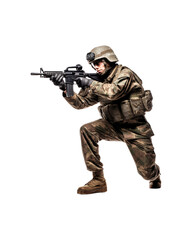 Fototapeta premium Soldier in camouflage uniform with assault rifle for military, army, combat, war, security, defense, protection, and armed forces concepts. Generative AI