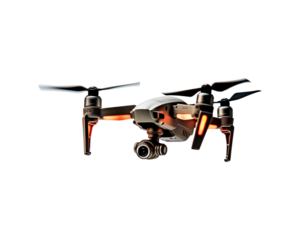 A drone equipped with four propellers and an attached camera, suitable for aerial photography and videography in various landscapes. Generative AI