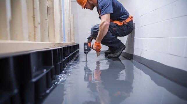 In a residential basement, a worker is installing a sump pump drainage pipe