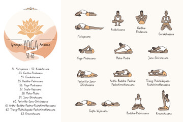 Hand drawn hatha yoga poses and their sanskrit names, Iyangar yoga asanas 51-63
