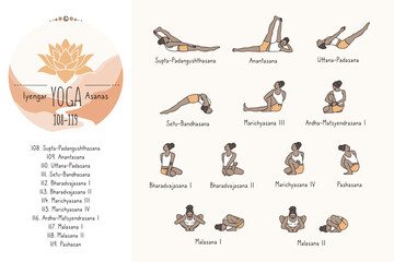 Hand drawn hatha yoga poses and their sanskrit names, Iyangar yoga asanas 108-119