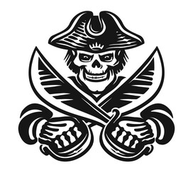 Sea pirate skull with crossed sabers in his hands. Hand drawn evil skeleton, black and white vector illustration