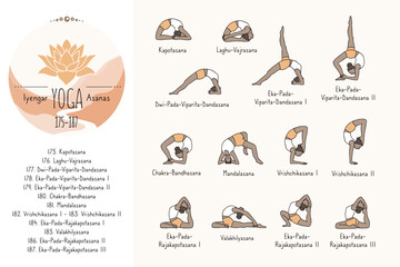 Hand drawn hatha yoga poses and their sanskrit names, Iyangar yoga asanas 175-187