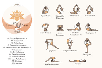 Hand drawn hatha yoga poses and their sanskrit names, Iyangar yoga asanas 188-200