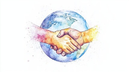 A colorful illustration of two hands shaking over a globe, symbolizing unity, cooperation, and global partnership.