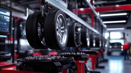 Fototapeta premium In the balancing and alignment section, alloy wheels are being mounted on balancing machines