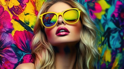 Fashionable Woman in Vibrant Floral Background with Colorful Sunglasses