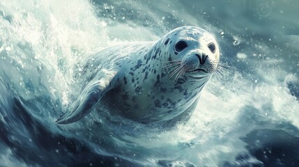 Fototapeta premium Marine mammal in icy Antarctic, sleek seal in motion