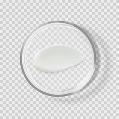 White skincare smear cream moisturizer on petri dish isolated realistic vector illustration. Concept cosmetic laboratory tests and research. Transparent chemistry glassware