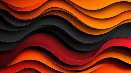 A bold, high-contrast paper cut wave background in deep orange, black, and dark red, with sharp, layered curves creating intensity.