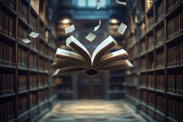 Ancient brick library filled with books, shelves overflowing with knowledge, a timeless symbol of education and learning