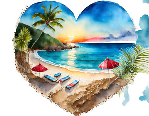 Obraz premium heart shaped watercolor painting of a beach scene. Generative AI.