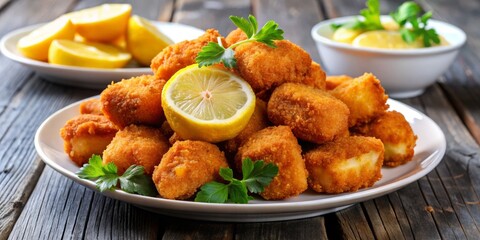 Tasty fried fish bites, served with a zesty lemon wedge on the side