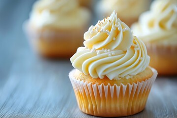 A close-up view of a vanilla cupcake with a swirl of buttercream frosting, topped with sprinkles, placed on a wooden table.