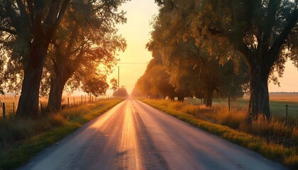 Fototapeta premium A quiet rural road lined with trees bathed in the warm light of sunset, AI Generated