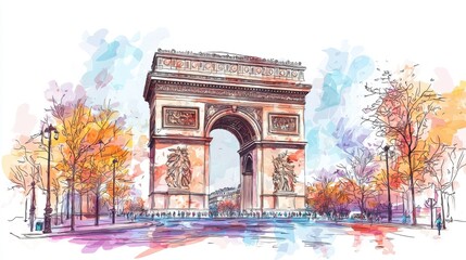 Fototapeta premium A vibrant watercolor illustration of the Arc de Triomphe surrounded by autumn trees, capturing Parisian elegance and charm.