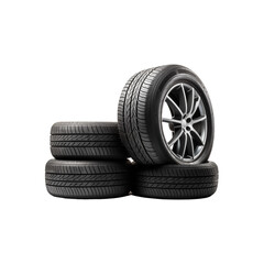 Four tires stacked with one showing a gray rim are suitable for automotive blogs, tire shop promotions, car maintenance advertisements, and transportation themed designs. Generative AI