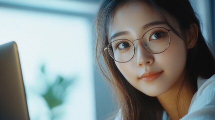 Fototapeta premium Contemporary Young Woman with Wire-Framed Glasses