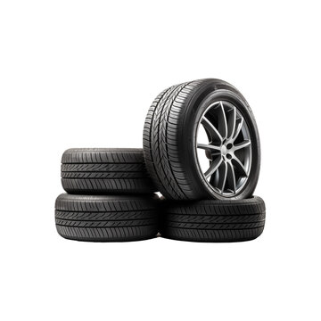 Four tires stacked with one showing a gray rim are suitable for automotive blogs, tire shop promotions, car maintenance advertisements, and transportation themed designs. Generative AI