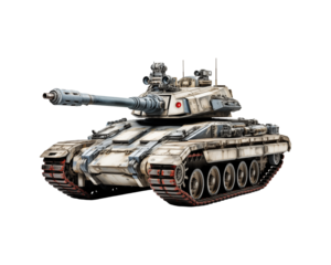 Camouflaged military tank suitable for military, warfare, and defense concepts. Shows tracks, cannons, and turrets. Perfect for war themed designs and projects. Generative AI
