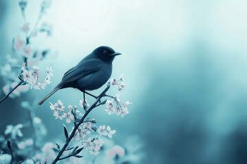 Obraz premium This serene image shows a bird perched gracefully on a blossoming branch, with a soft blue background adding calmness.
