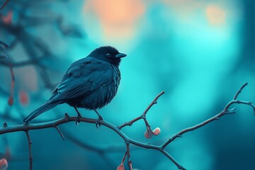 Obraz premium A small black bird perched on a branch with a blurred turquoise and orange background in a serene setting.
