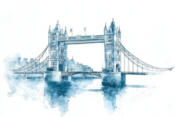 Beautiful watercolor illustration of Tower Bridge in London, showcasing intricate architecture and serene ambiance.