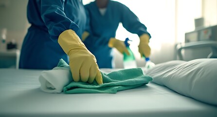 Medical Professional Cleaning Hospital Bed with Gloves